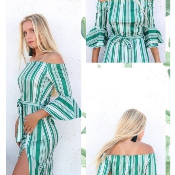 Dresses & Skirts - PL51458 Off The Shoulder Flare Sleeve Striped Maxi Dress